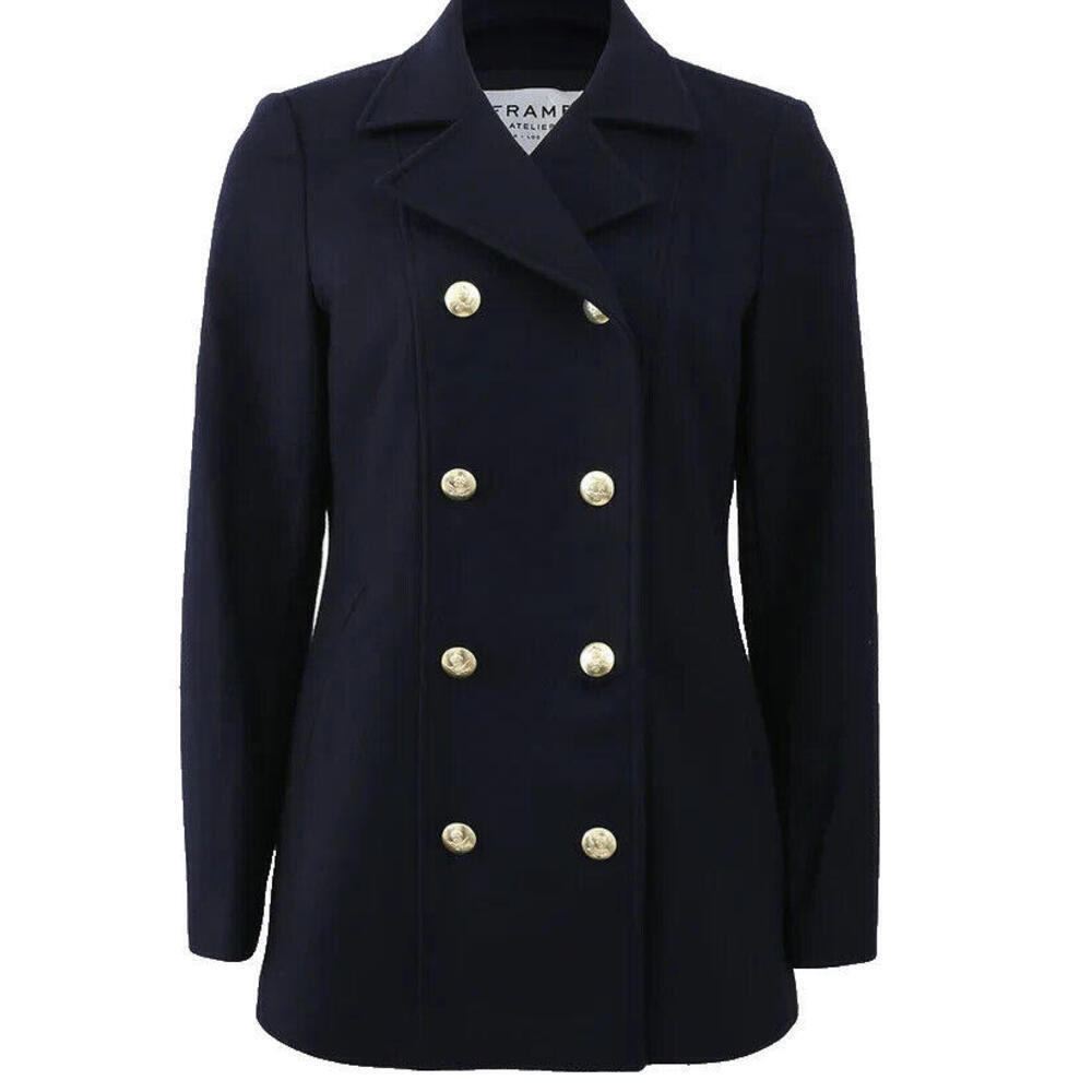 Frame Denim Women's Small Navy Le Double Breasted Long Sleeves Slim Fit Peacoat